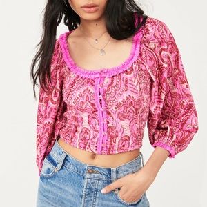 NWT Free People Dare Me Velvet Blouse, XS Retro Combo Pink Red Paisley